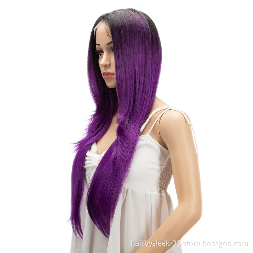 Purple Swiss T Lace Long Natural Hairline High Temperature Silky Straight Wave Lace Front Wigs Synthetic Hair Wigs For  Women